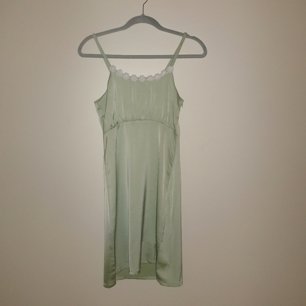 Sage green silky laced mini dress